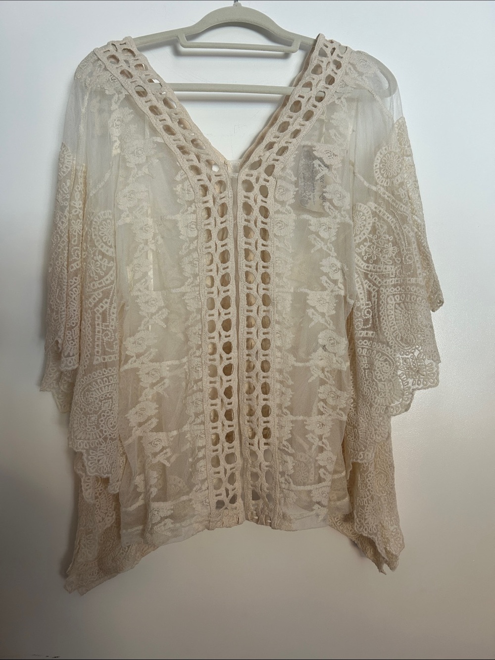 Grace & Lace Sheer Lace Embroidered Kimono in Cream